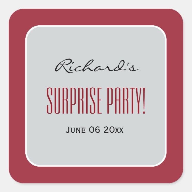 RED and SILVER Surprise Birthday Party Custom Name Square Sticker (Front)