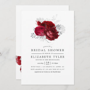 Red and Silver Vintage Floral Bridal Shower Invitation