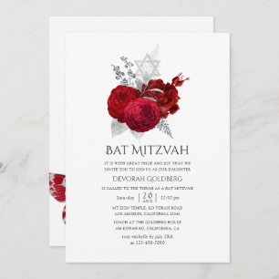 Red and Silver Vintage Rose Bat Mitzvah Invitation