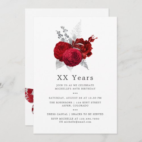 Red and Silver Vintage Rose Birthday Party Invitation