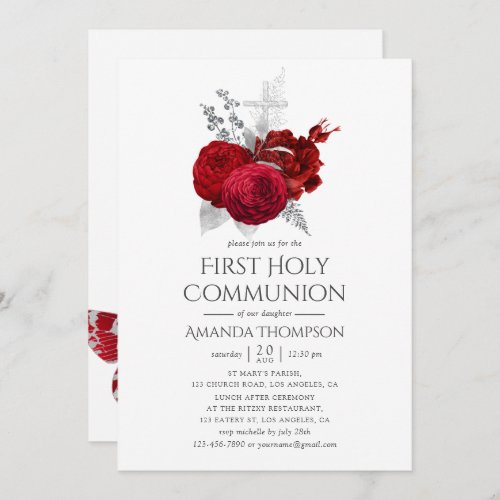 Red and Silver Vintage Rose Holy Communion Invitation