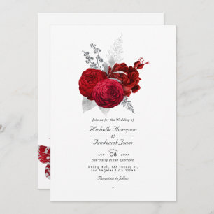 Red and Silver Vintage Rose QR Code RSVP Wedding Invitation