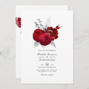 Red and Silver Vintage Rose QR Code RSVP Wedding Invitation