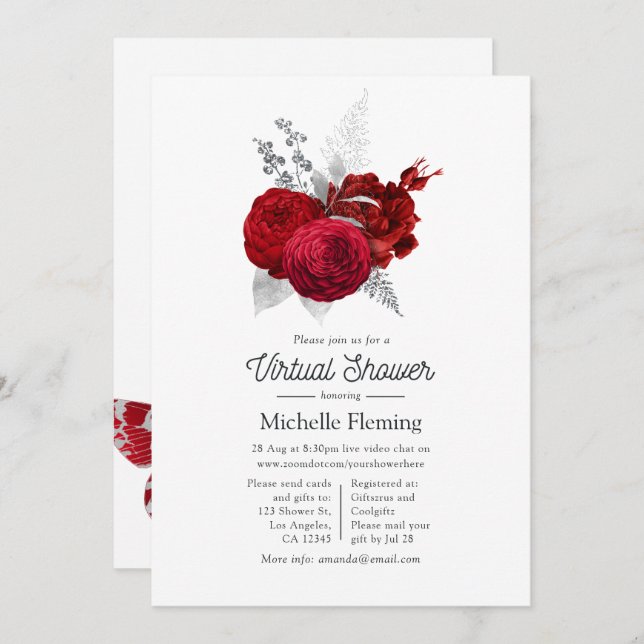 Red and Silver Vintage Rose Virtual Shower Invitation (Front/Back)