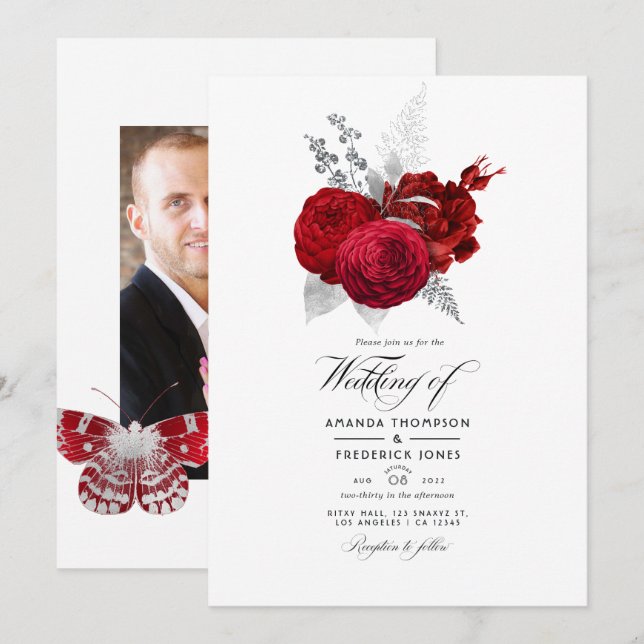 Red and Silver Vintage Rose Wedding Photo Invitation (Front/Back)