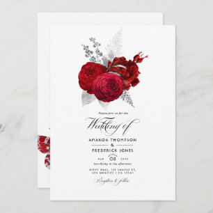 Red and Silver Vintage Rose Wedding Photo Invitation