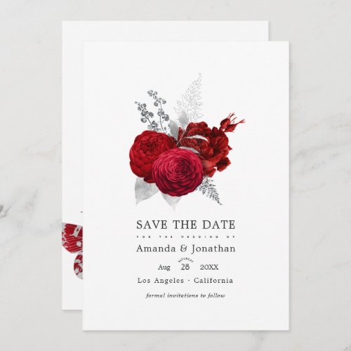 Red and Silver Vintage Rose Wedding Photo Save The Date