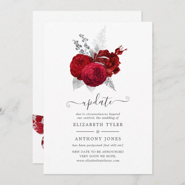 Red and Silver Vintage Rose Wedding Update Invitation (Front/Back)