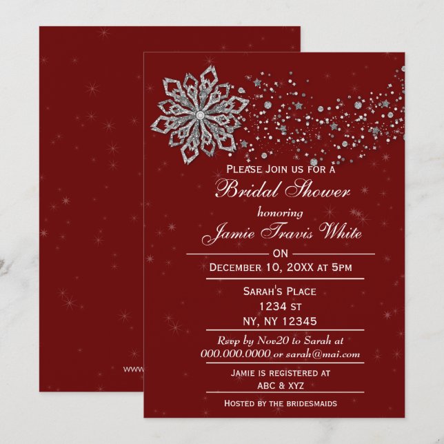 red and Silver Winter Bridal shower invite (Front/Back)