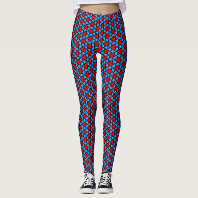Red and Sky Blue Triangle Star Tile Leggings (Front)