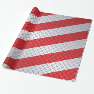 Red and Steel Christmas Stripe Diamond Plate Wrapping Paper