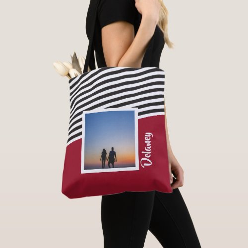 Red and Striped Pattern Personalized Photo Tote Bag