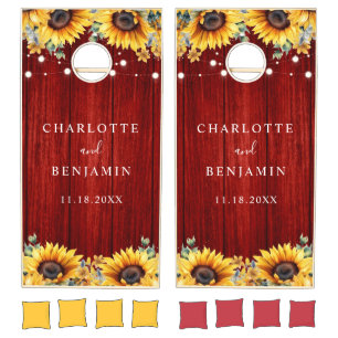 Red and Sunflower Rustic Wood Wedding Cornhole Set
