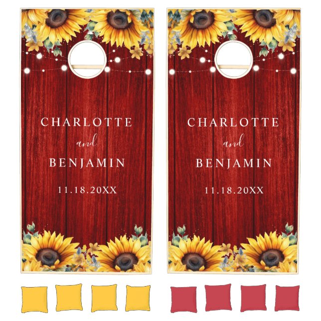 Red and Sunflower Rustic Wood Wedding Cornhole Set (Set)