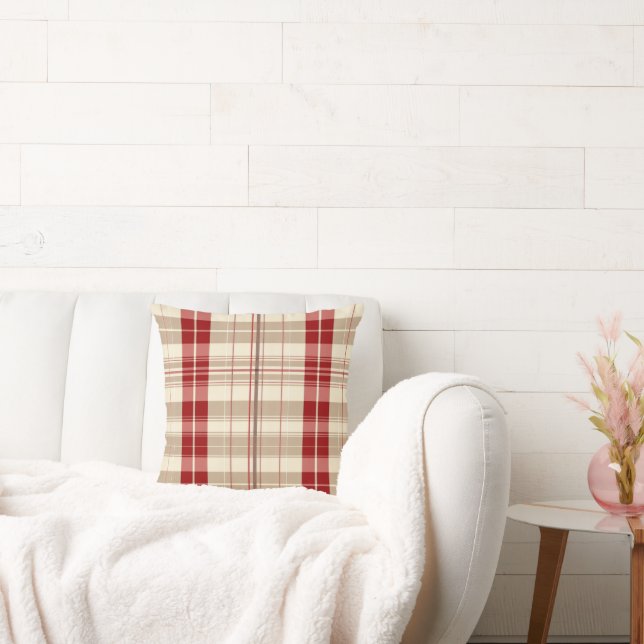 Red and Tan Beige Plaid Pattern Tartan  Throw Pillow (Couch)