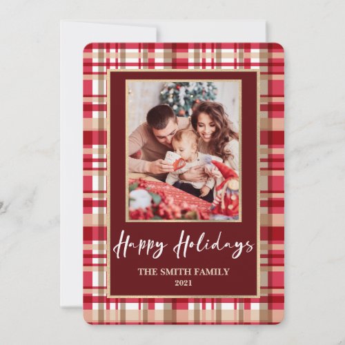 Red and Tan Plaid Photo Christmas Holiday Card