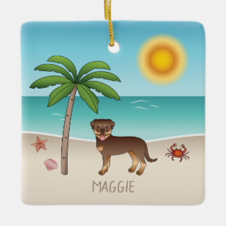 Red And Tan Rottweiler At A Tropical Summer Beach Ceramic Ornament
