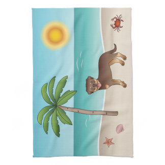 Red And Tan Rottweiler At A Tropical Summer Beach Kitchen Towel