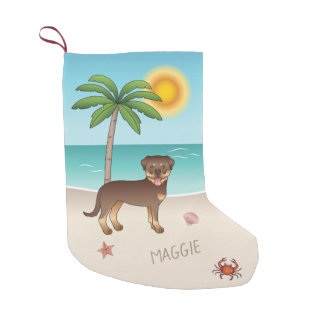 Red And Tan Rottweiler At A Tropical Summer Beach Small Christmas Stocking