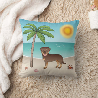 Red And Tan Rottweiler At A Tropical Summer Beach Throw Pillow