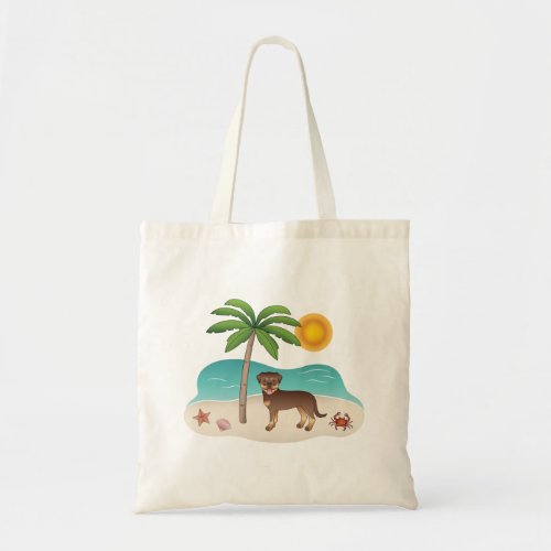 Red And Tan Rottweiler At A Tropical Summer Beach Tote Bag