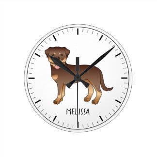 Red And Tan Rottweiler Cute Cartoon Dog And Name Round Clock