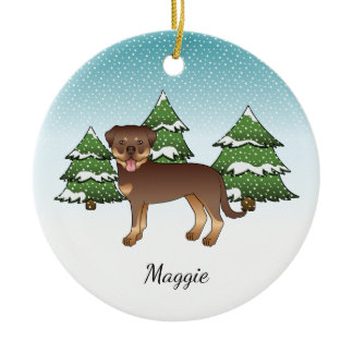 Red And Tan Rottweiler Cute Dog In A Winter Forest Ceramic Ornament