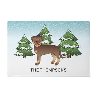 Red And Tan Rottweiler Dog In A Winter Forest Doormat