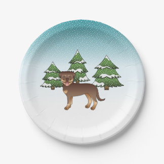 Red And Tan Rottweiler Dog In A Winter Forest Paper Plates