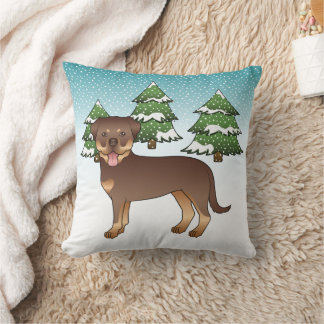Red And Tan Rottweiler Dog In A Winter Forest Throw Pillow
