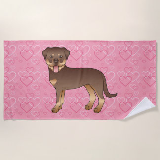Red And Tan Rottweiler Dog On Pink Hearts Beach Towel