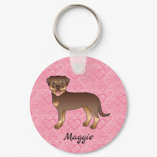 Red And Tan Rottweiler Dog On Pink Hearts &amp; Name Keychain