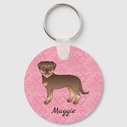 Red And Tan Rottweiler Dog On Pink Hearts  Name Keychain