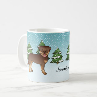 Red And Tan Rottweiler Dogs In A Winter Forest Coffee Mug