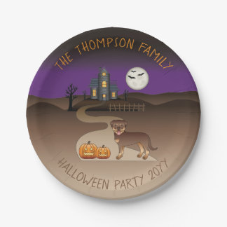 Red And Tan Rottweiler Halloween Haunted House Paper Plates