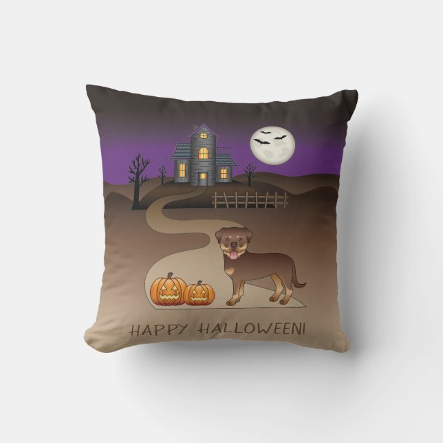 Red And Tan Rottweiler Halloween Haunted House Throw Pillow (Front)
