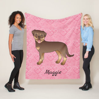 Red And Tan Rottweiler On Pink Hearts &amp; Name Fleece Blanket