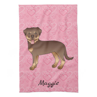 Red And Tan Rottweiler On Pink Hearts &amp; Name Kitchen Towel