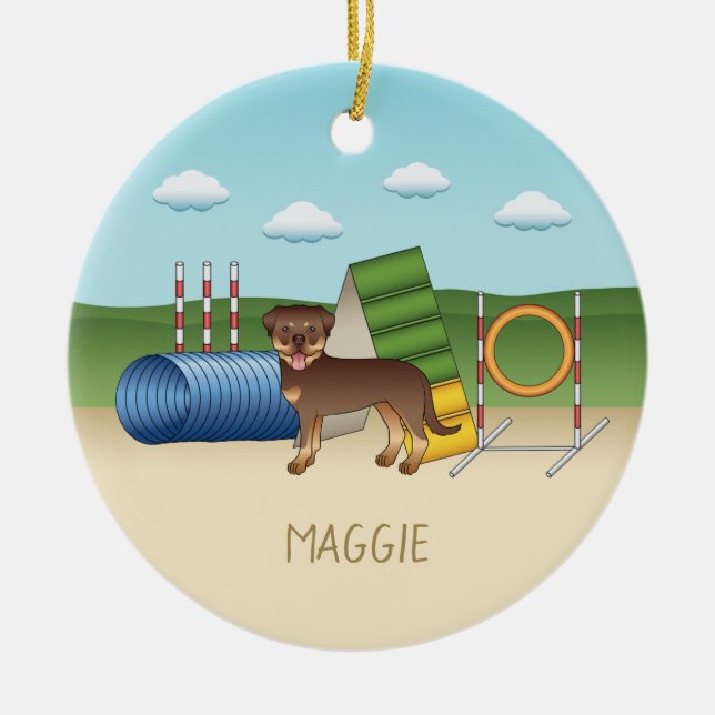 Red And Tan Rottweiler With Agility Equipment Ceramic Ornament (Front)