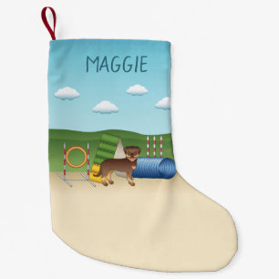 Red And Tan Rottweiler With Agility Equipment Small Christmas Stocking