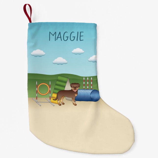 Red And Tan Rottweiler With Agility Equipment Small Christmas Stocking (Front)