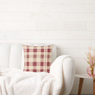 Red and Tan White Beige Plaid Pattern Tartan  Throw Pillow