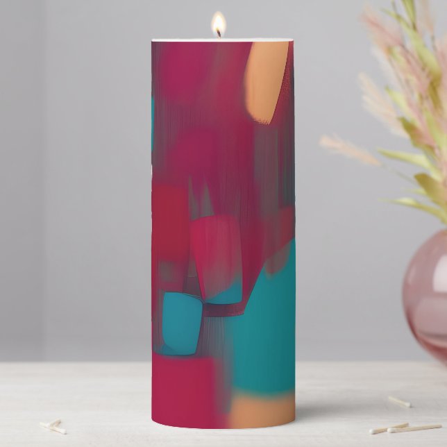 Red and teal abstract blend  pillar candle (In Situ)