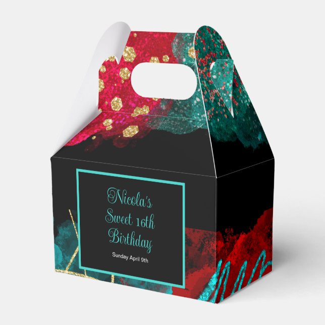 Red and teal Alcohol Ink Sweet 16 Favor Boxes (Front Side)