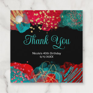 Red and Teal Blue Alcohol Ink Birthday Party Favor Tags