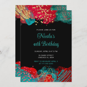 Red and Teal Blue Alcohol Ink Birthday Party Invitation