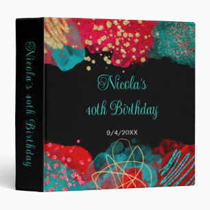 Red and Teal Blue Alcohol Ink Birthday Photo Album 3 Ring Binder