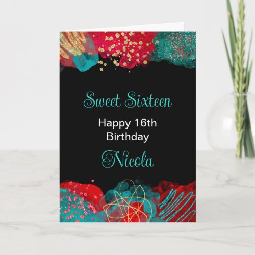 Red and Teal Blue Alcohol Ink Sweet 16 Card