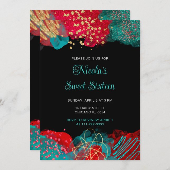 Red and Teal Blue Alcohol Ink Sweet Sixteen Invitation (Front/Back)