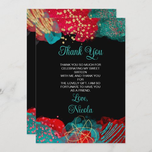 Red and Teal Blue Alcohol Ink Sweet Sixteen Thank You Card